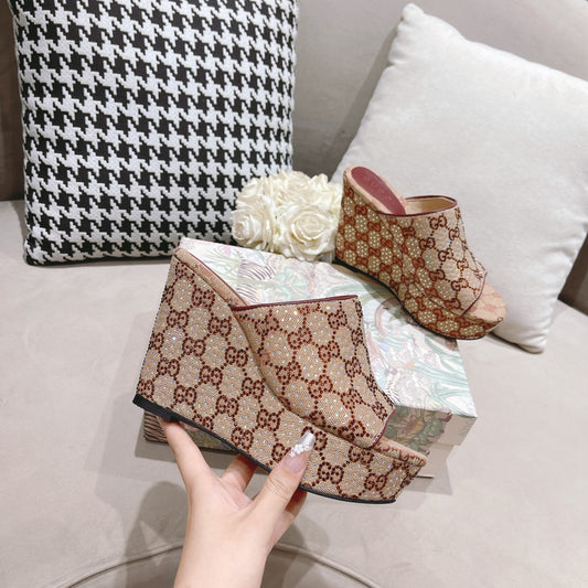 G new printed sequins platform ladies slippers XC07061201