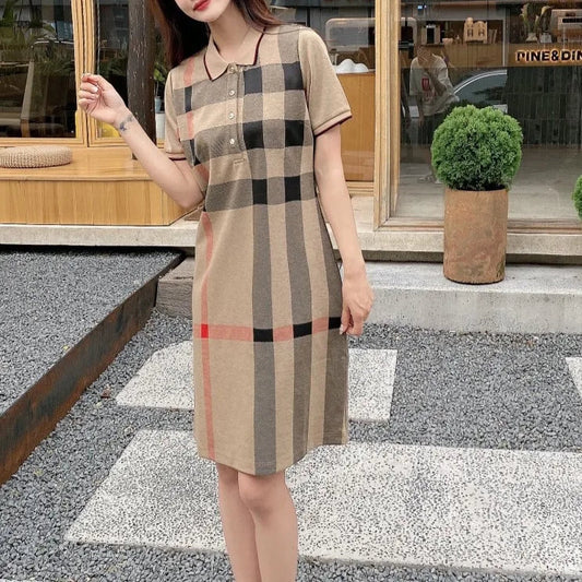 Fashion Plaid Lapel POLO Short Sleeve Midi Dresses 1025021413
