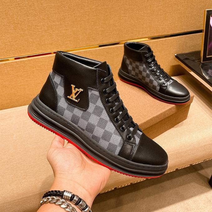 Men's black  Leisure printed leather casual mid-top shoes