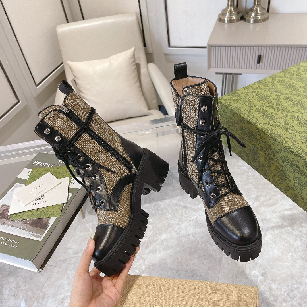 GG Jacquard canvas lace-up nude boots 0725102401