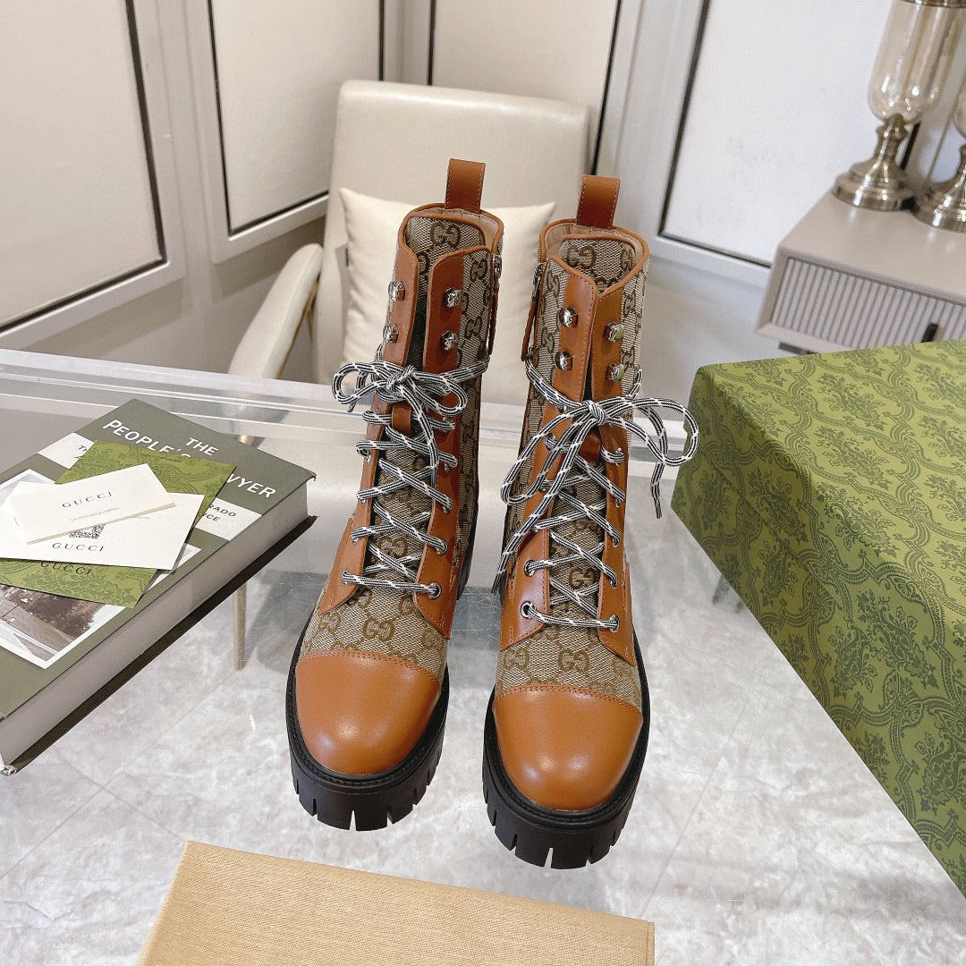 GG Jacquard canvas lace-up nude boots 0725102401