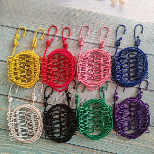 Portable outdoor clothesline traveler household 12 clips windproof clothesline color drying elastic rope