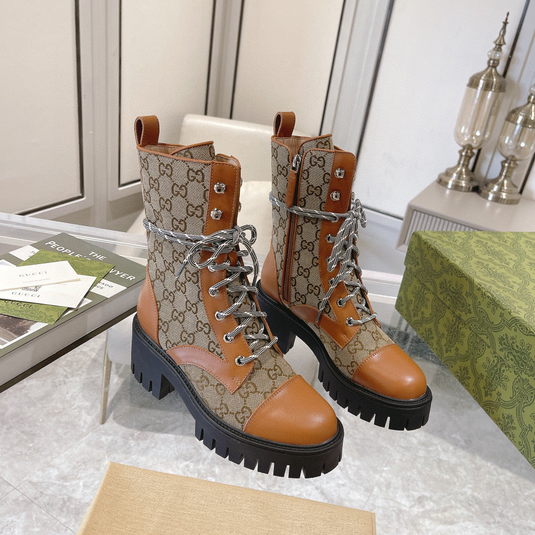 GG Jacquard canvas lace-up nude boots 0725102401