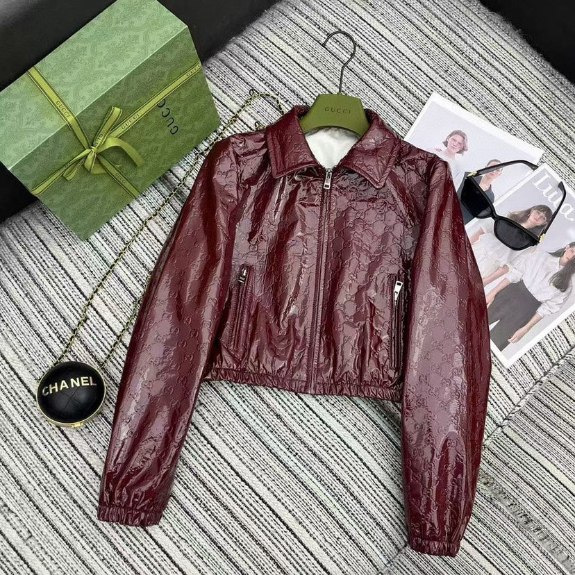 New Double G Lapel Short Leather Jacket 1025102402