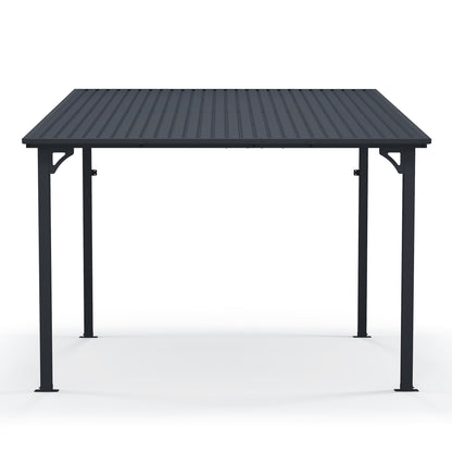 Outdoor Lean to Gazebo Pergola w/Drainage Holes, Wall-Mounted Gazebo with Hard Top Metal Awnings for Patio Backyard Deck, Dark Grey