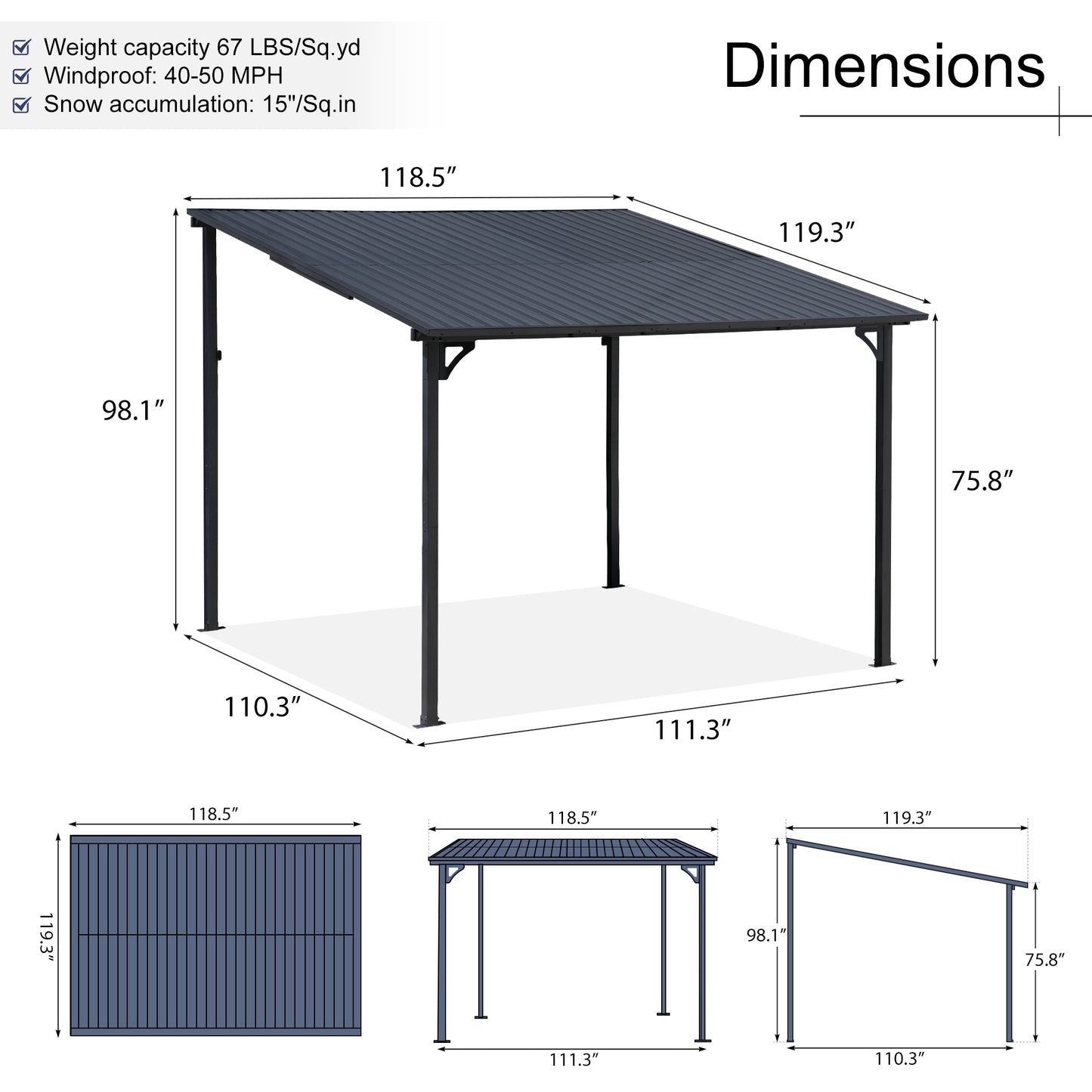 Outdoor Lean to Gazebo Pergola w/Drainage Holes, Wall-Mounted Gazebo with Hard Top Metal Awnings for Patio Backyard Deck, Dark Grey