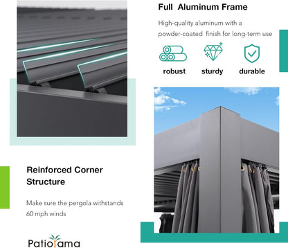 Aluminum Frame Louvered Pergola with Adjustable Rainproof Roof, Shaded Curtains and Netting
