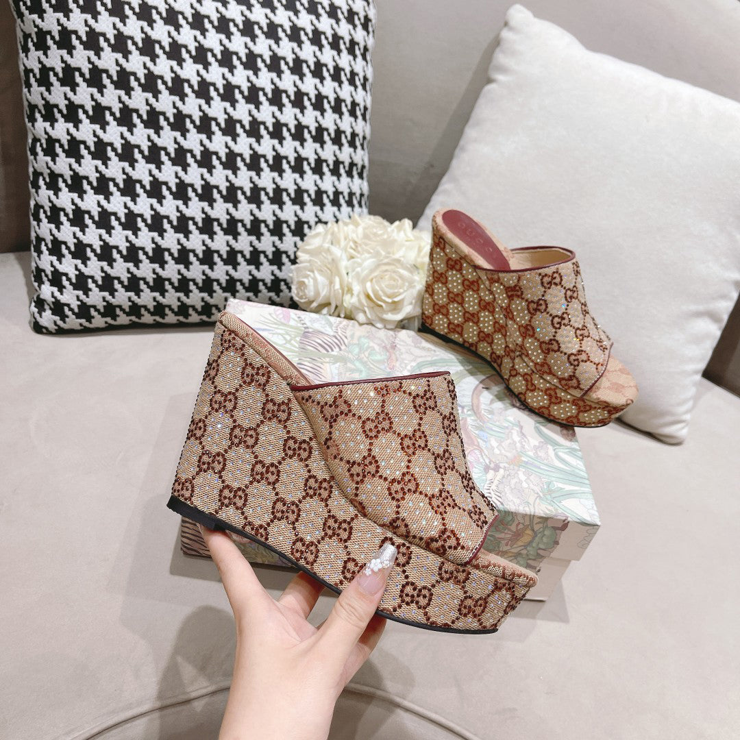 G new printed sequins platform ladies slippers XC07061201