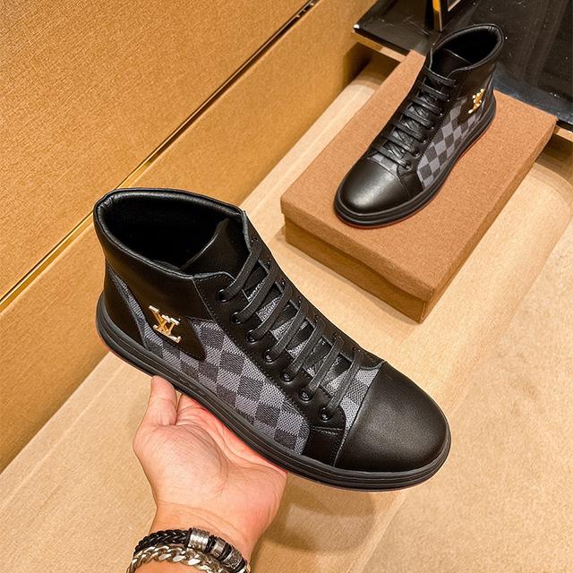 Men's black  Leisure printed leather casual mid-top shoes