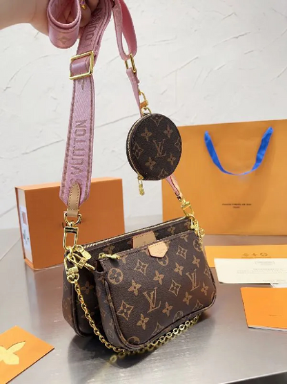 Handmade Leather Crossbody Bag Monogram Brown Multi Pochette