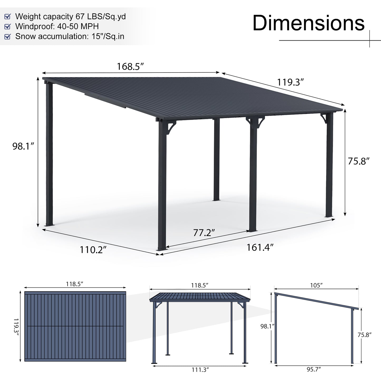 Outdoor Lean to Gazebo Pergola w/Drainage Holes, Wall-Mounted Gazebo with Hard Top Metal Awnings for Patio Backyard Deck, Dark Grey