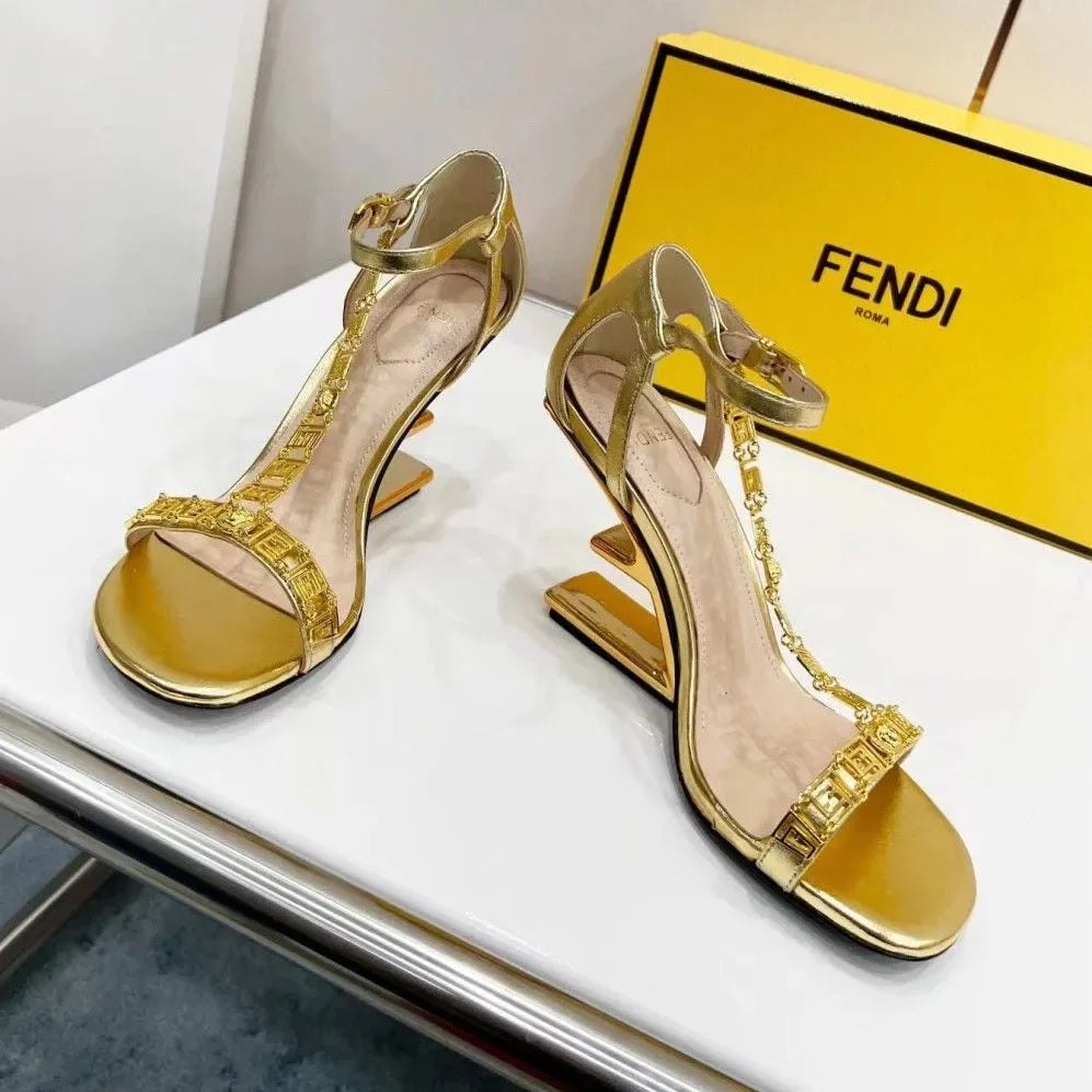 Gold Metallic Diagonal F-Shaped Heel Sandals 1025042325