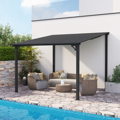 Outdoor Lean to Gazebo Pergola w/Drainage Holes, Wall-Mounted Gazebo with Hard Top Metal Awnings for Patio Backyard Deck, Dark Grey