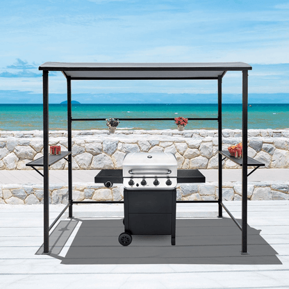 Grill Gazebo 8' by 4.6' Metal BBQ Shelter with Single-Tier Soft Top and Shelves, Grey
