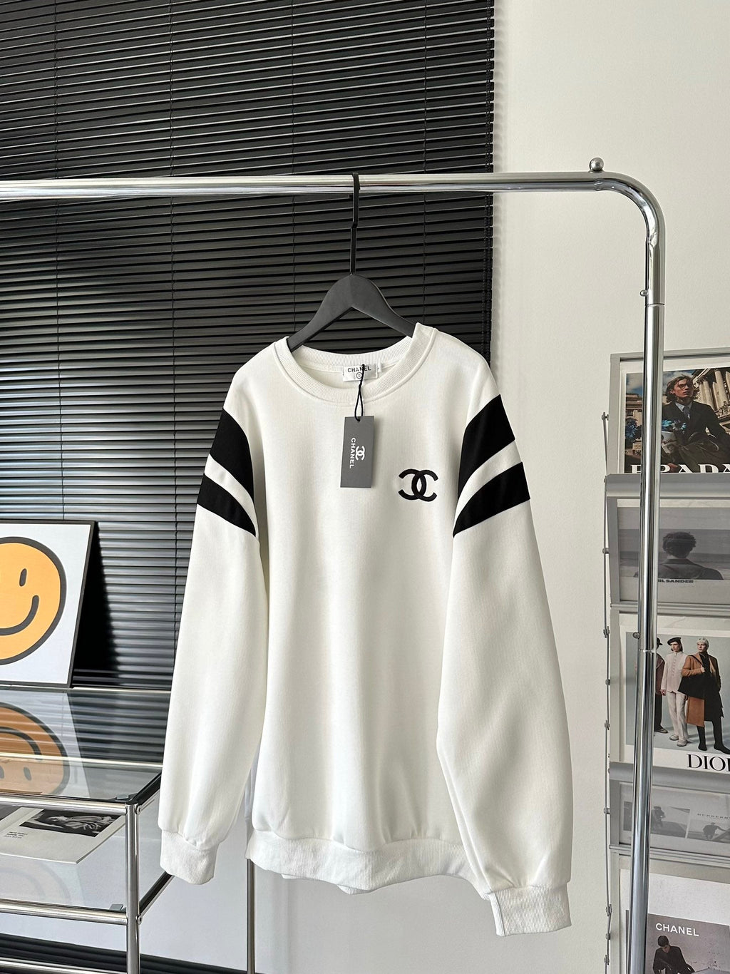 Black and white crew neck sweatshirt with front and back embroidery logo XC0823100906