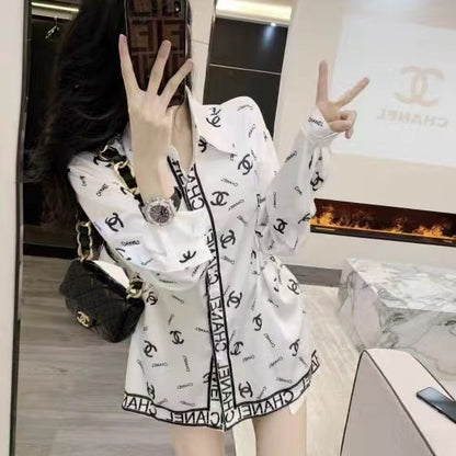 Small fragrance letter printing sky silk satin long-sleeved shirt loose temperament mid-length polo top tide