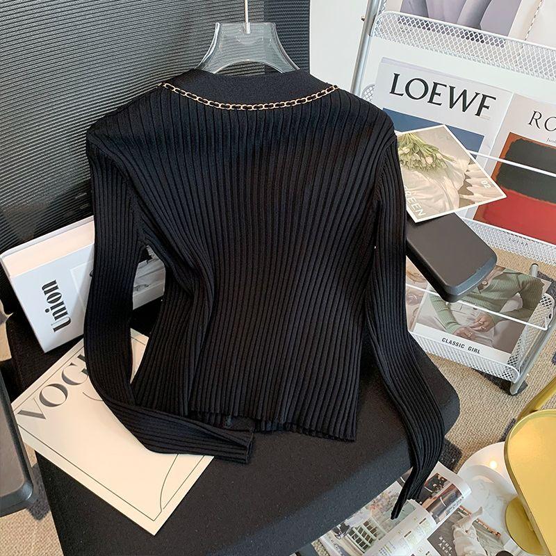 V-neck Metal Chain Slim Long-sleeved Cardigan 0823112813