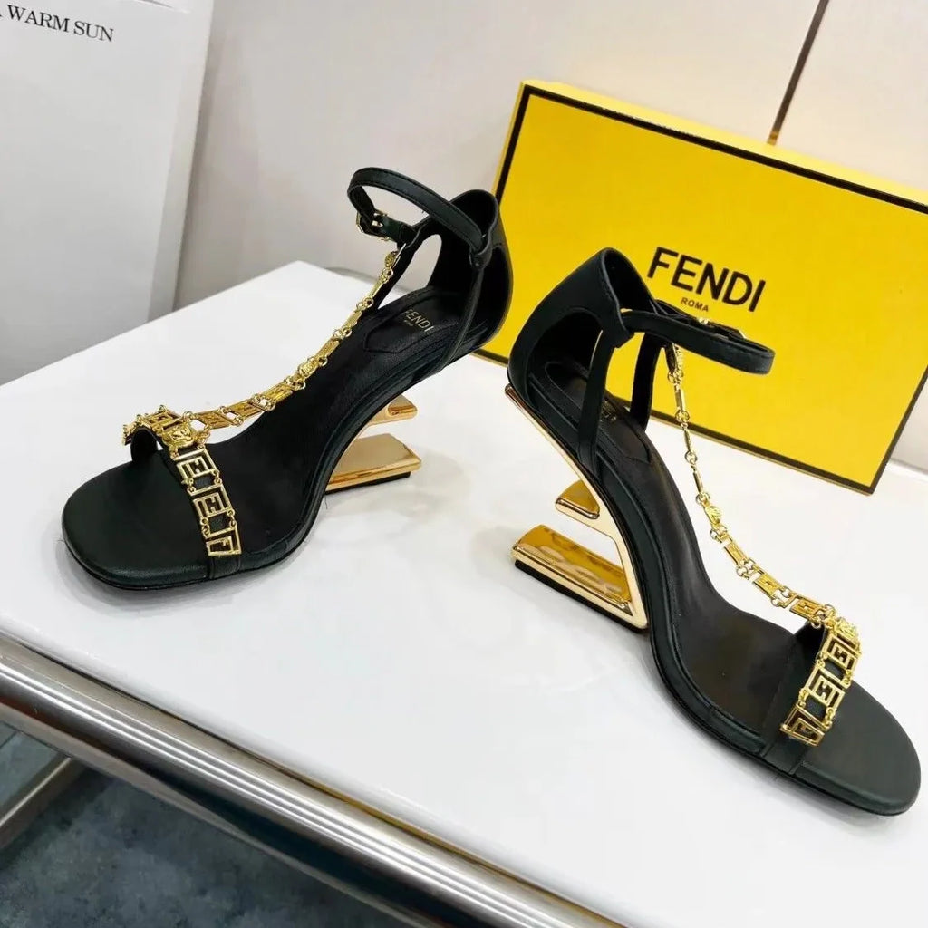 Gold Metallic Diagonal F-Shaped Heel Sandals 1025042325