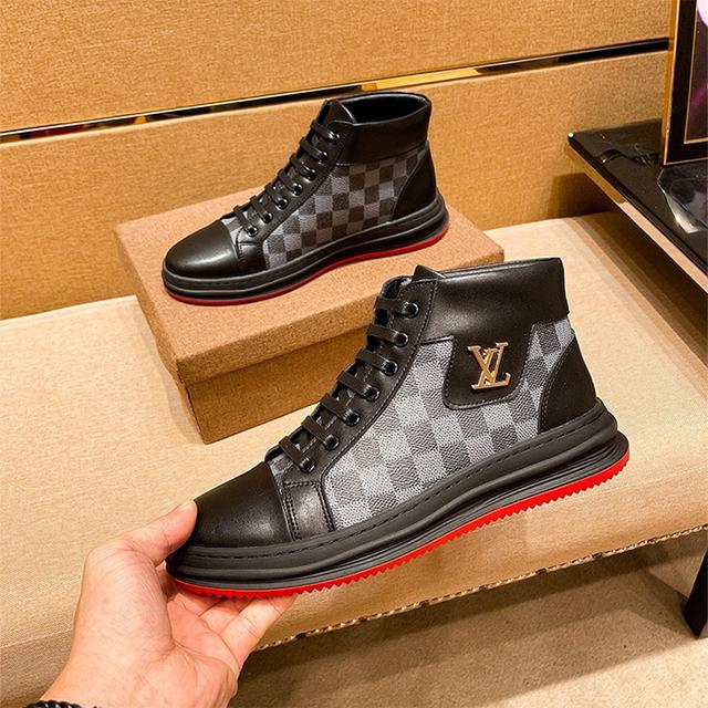 Men's black  Leisure printed leather casual mid-top shoes