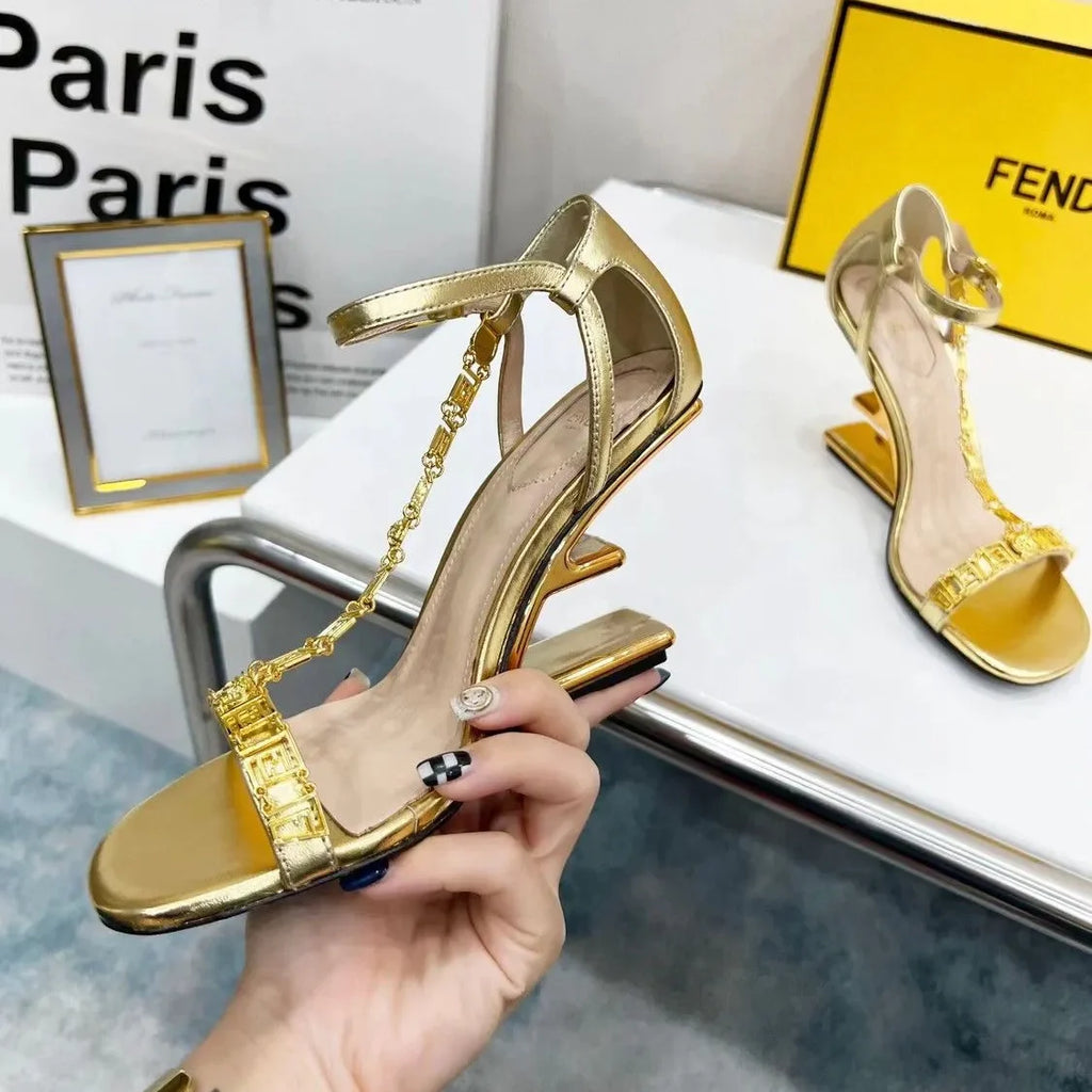Gold Metallic Diagonal F-Shaped Heel Sandals 1025042325