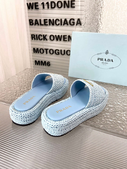 Spring and summer new style woven thick-soled triangle buckle strap slippers 0724032001