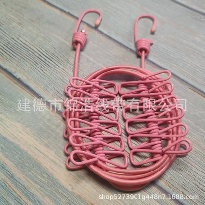 Portable outdoor clothesline traveler household 12 clips windproof clothesline color drying elastic rope