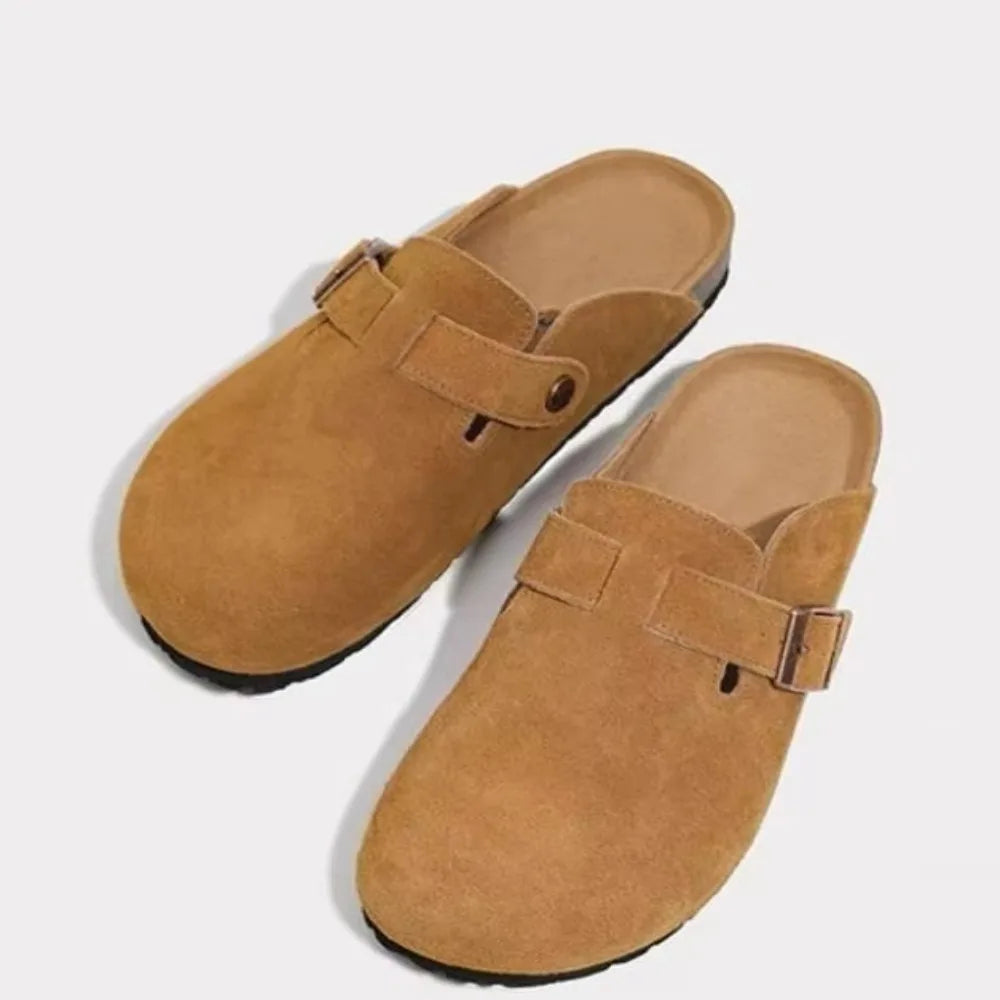 New retro solid color soft sole sloping back round toe thick sole suede women's shoes