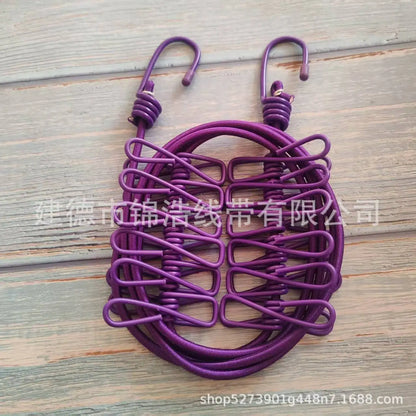 Portable outdoor clothesline traveler household 12 clips windproof clothesline color drying elastic rope