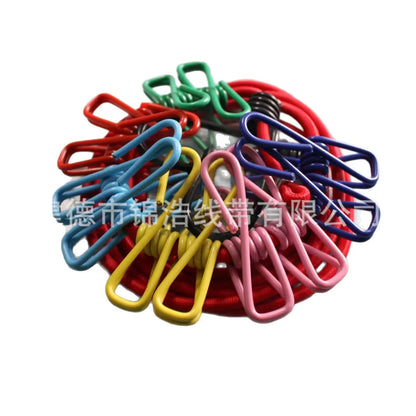 Portable outdoor clothesline traveler household 12 clips windproof clothesline color drying elastic rope