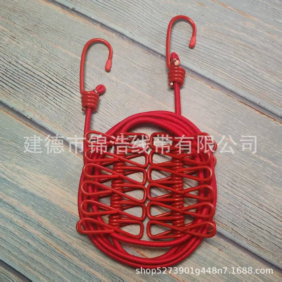 Portable outdoor clothesline traveler household 12 clips windproof clothesline color drying elastic rope
