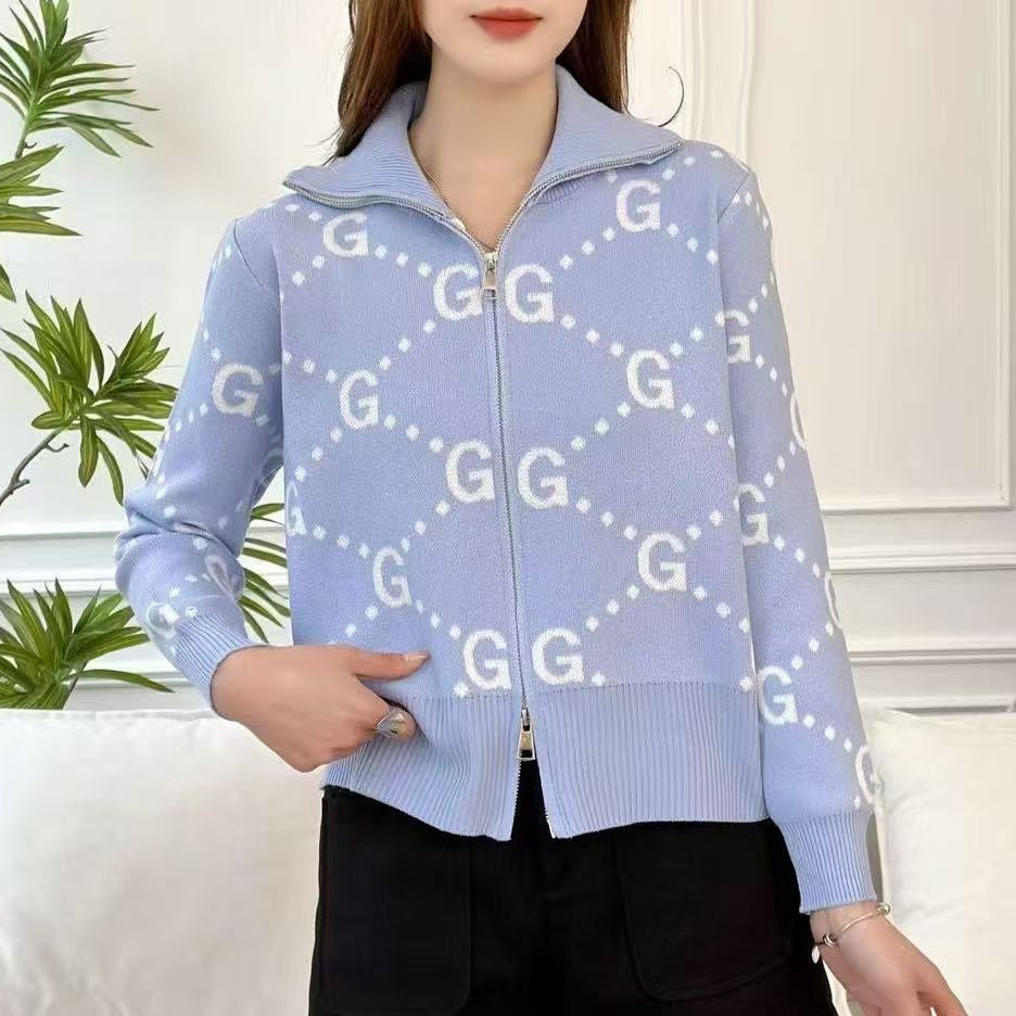 Stand-Up Collar Jacquard Letter G Knit Sweater 1025090302