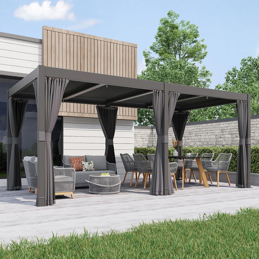 Aluminum Frame Louvered Pergola with Adjustable Rainproof Roof, Shaded Curtains and Netting