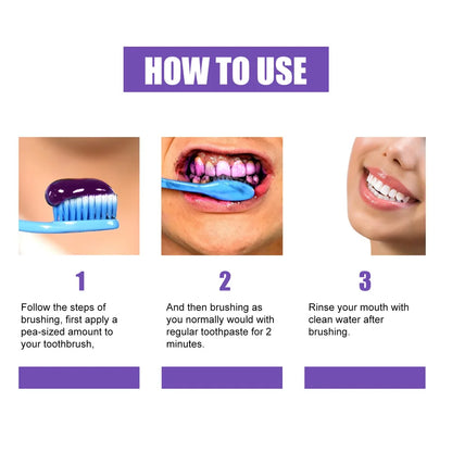 Remove yellow tooth stains, unpleasant odor, fresh mouth, fresh breath, purple toothpaste