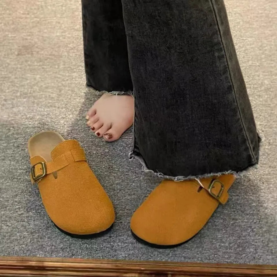 New retro solid color soft sole sloping back round toe thick sole suede women's shoes
