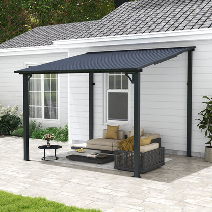 Outdoor Lean to Gazebo Pergola w/Drainage Holes, Wall-Mounted Gazebo with Hard Top Metal Awnings for Patio Backyard Deck, Dark Grey