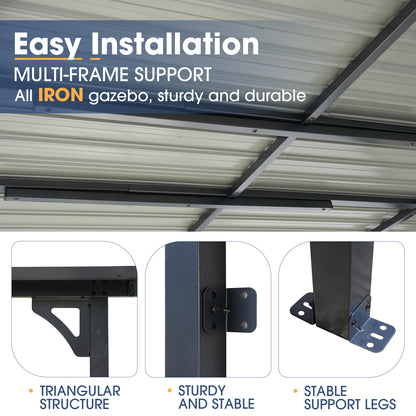 Outdoor Lean to Gazebo Pergola w/Drainage Holes, Wall-Mounted Gazebo with Hard Top Metal Awnings for Patio Backyard Deck, Dark Grey