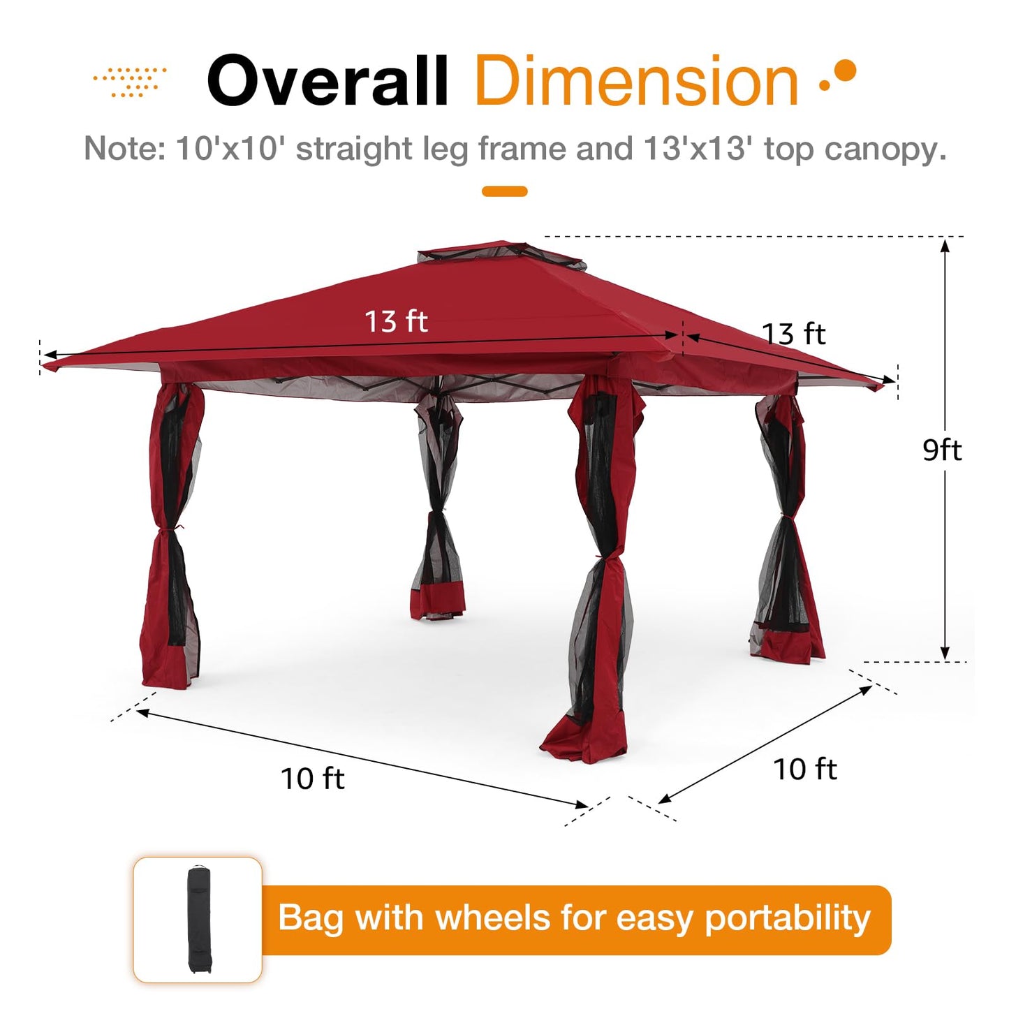 13’x13’ Pop Up Gazebo With Mosquito Netting, Outdoor Canopy Tent Shade, 5 colors, Metal Frame