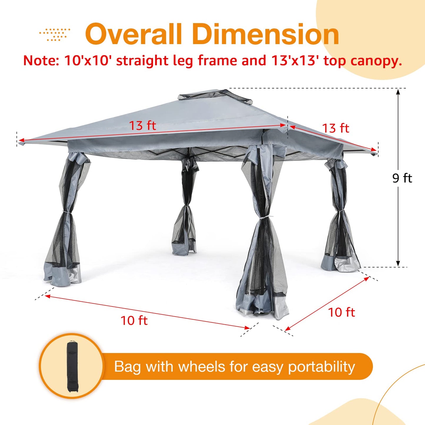 13’x13’ Pop Up Gazebo With Mosquito Netting, Outdoor Canopy Tent Shade, 5 colors, Metal Frame