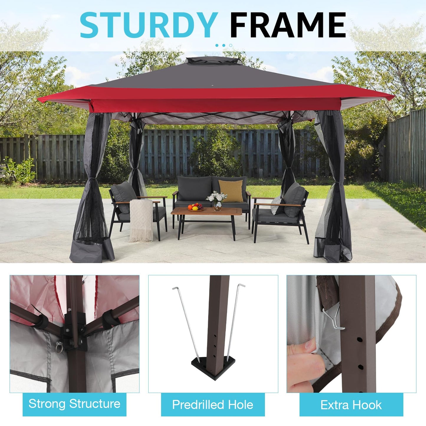 13’x13’ Pop Up Gazebo With Mosquito Netting Outdoor Canopy Tent Shade, Metal Frame
