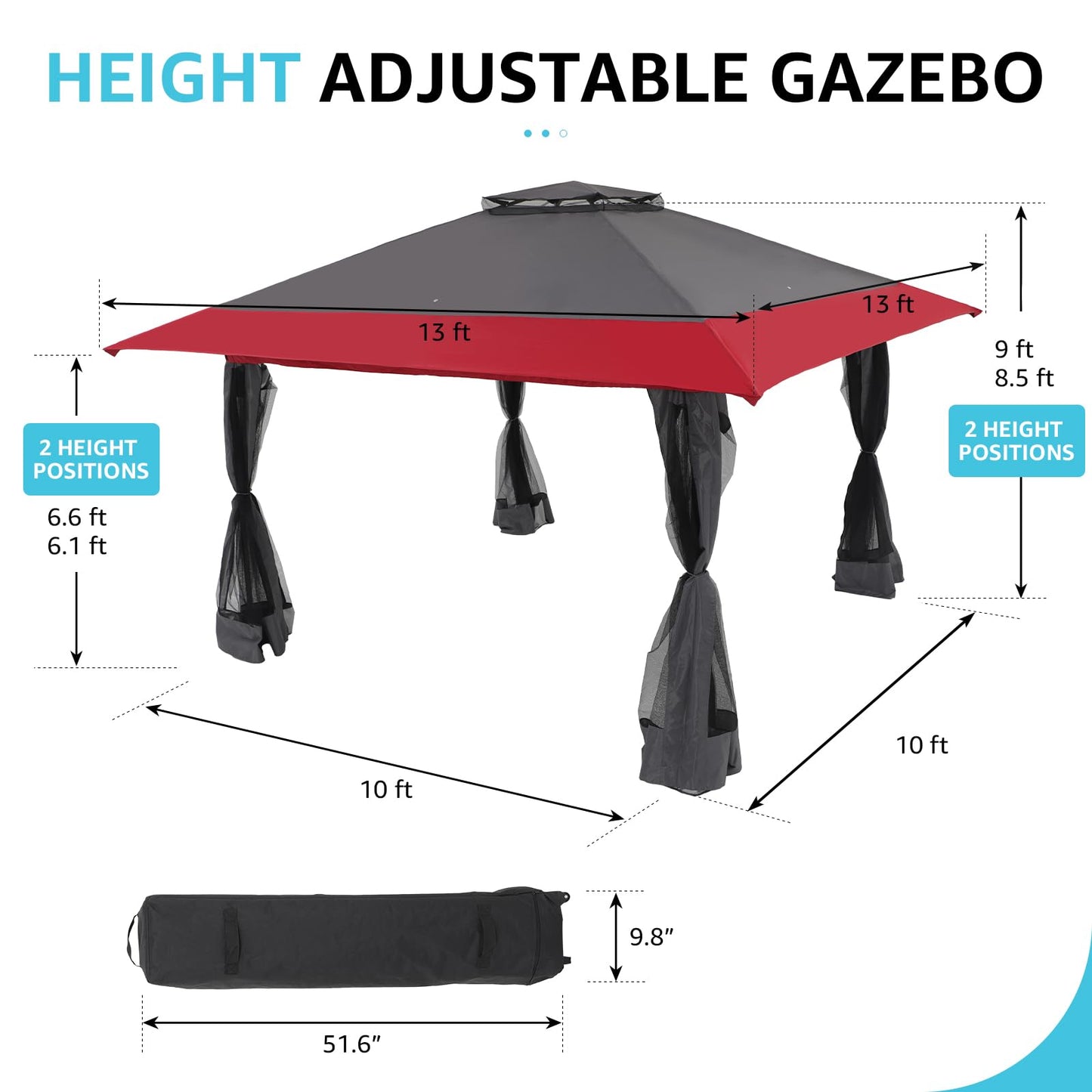 13’x13’ Pop Up Gazebo With Mosquito Netting Outdoor Canopy Tent Shade, Metal Frame