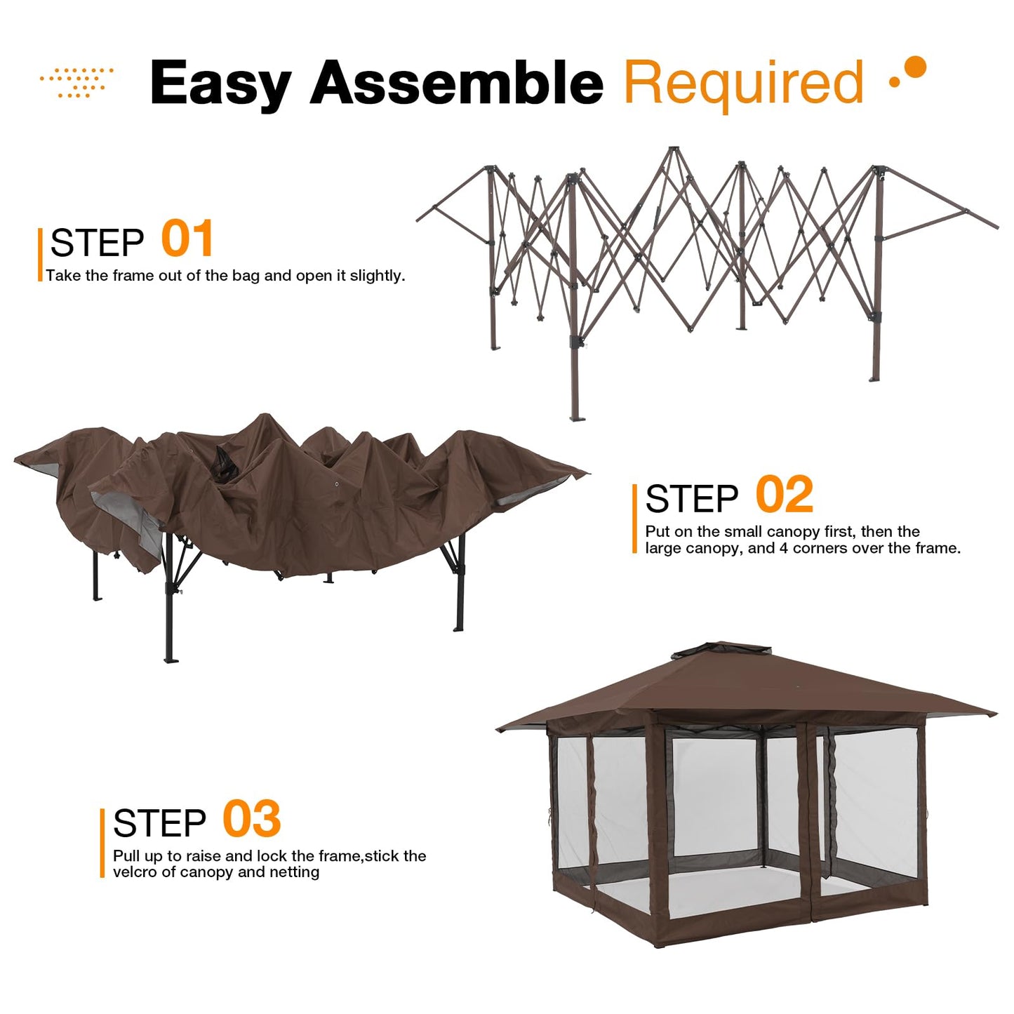 13’x13’ Pop Up Gazebo With Mosquito Netting, Outdoor Canopy Tent Shade, 5 colors, Metal Frame