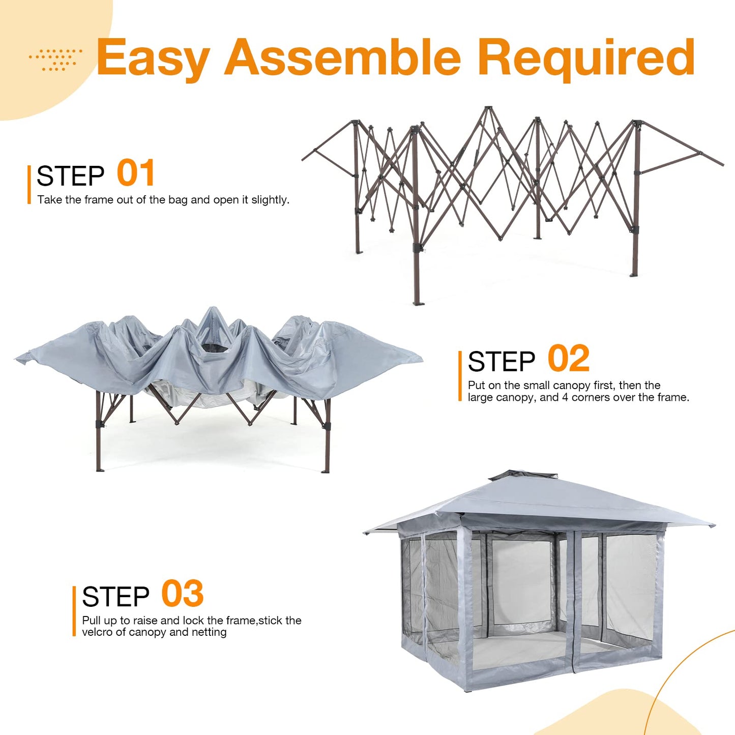 13’x13’ Pop Up Gazebo With Mosquito Netting, Outdoor Canopy Tent Shade, 5 colors, Metal Frame